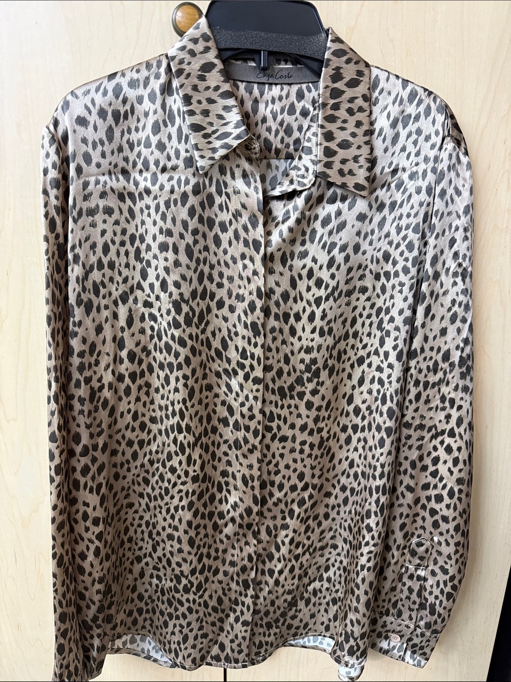 Enza Costa Beige and Black Leopard Satin Button-Down Shirt